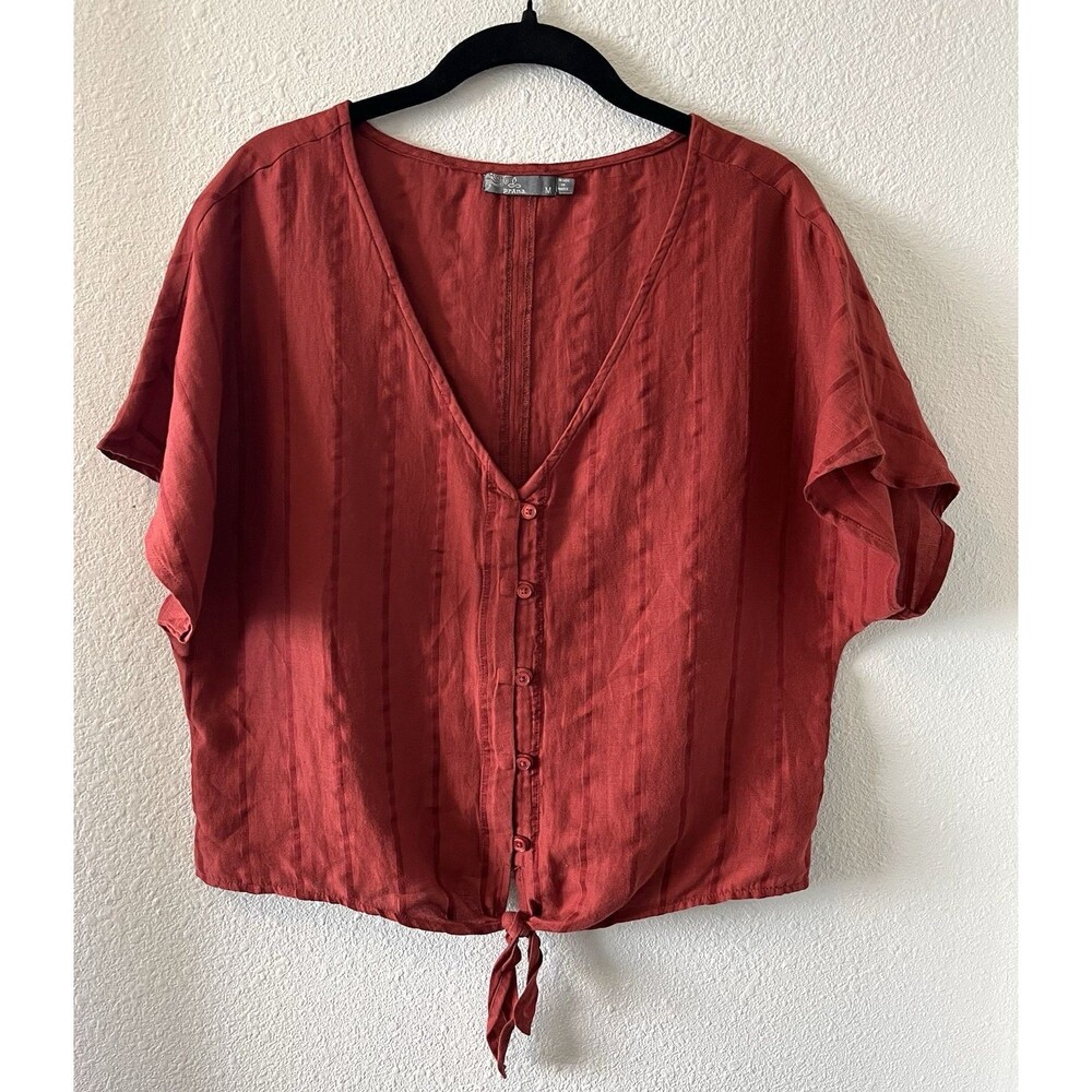 PrAna Women's Top Size Med Tie Front Cropped Organic Cotton Blend Red Gorpcore